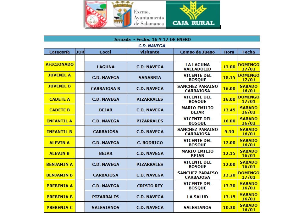 Horarios y actividad en Campo Vicente del Bosque 16 y 17 de Enero del 2016.