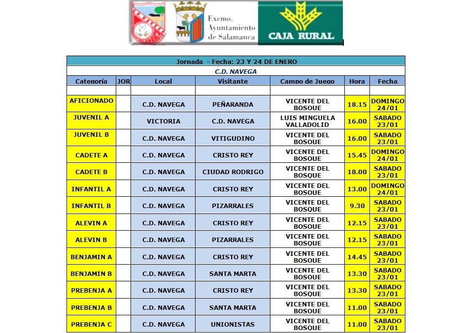 Horarios y actividad en Campo Vicente del Bosque 23 y 24 de Enero del 2016.