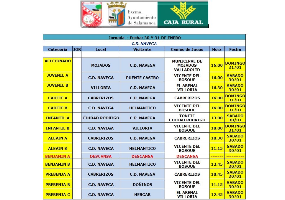 Horarios y actividad en Campo Vicente del Bosque 30 y 31 de Enero del 2016.